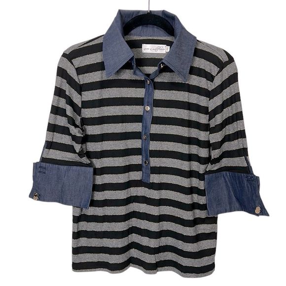 NWOT Never A Wallflower Black, Gray and Gold Stripe Button up Blouse mult sizes - Picture 1 of 6